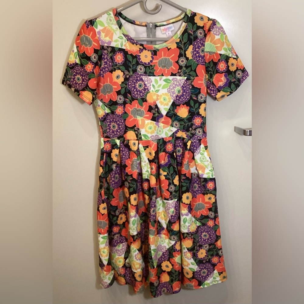 LuLaRoe Women's Size Medium Amelia Dress Pockets Zipper Retro Floral Short Sleev